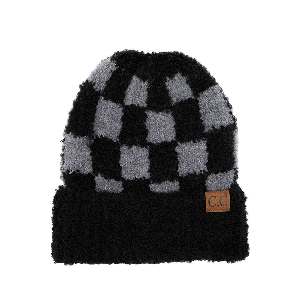 Black C.C Checkered Pattern Boucle Cuff Beanie, stay warm and fashionable with this stylish beanie. The soft boucle accent adds a delightful touch of fun to any outfit. Awesome winter gift accessory for birthdays, Christmas, holidays, anniversaries, or Valentine's Day to your friends, family, and loved ones.