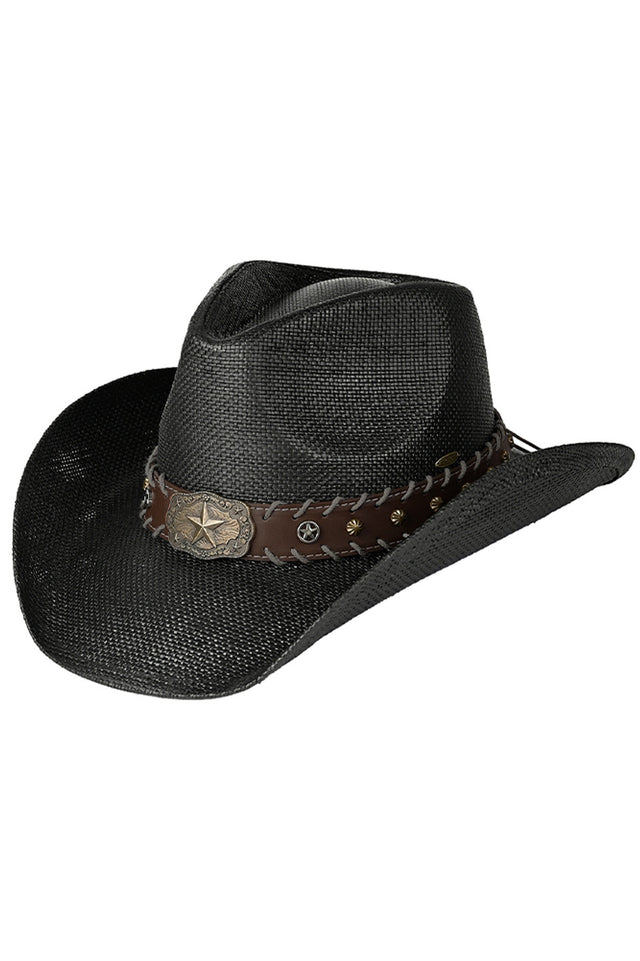 Black C.C Deco String Vegan Band Tea-Stained Cowboy Hat features a distinctive tea-stained finish that evokes authentic Western heritage. The decorative string band adds refined detail while the vegan construction ensures ethical appeal without compromising style. Crafted with precision for optimal shape retention and comfort during extended wear, making it ideal for both fashion-forward occasions and practical outdoor use.