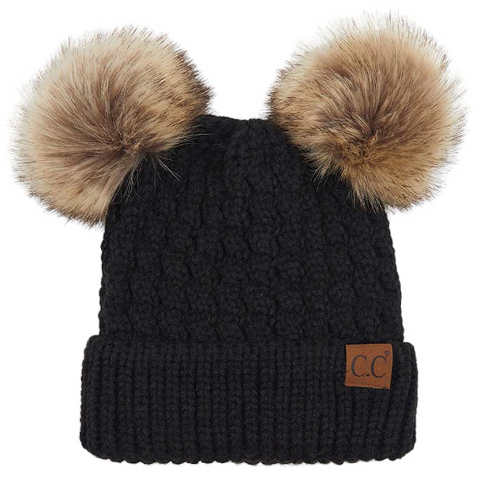 Black C.C Double Pom Pom All Over Cable Knit Beanie Hat., Stay warm and cozy this winter. Expertly crafted from a premium cable knit fabric, this stylish beanie provides maximum insulation and breathability. Two pom poms on top add a touch of flair to your look. Perfect for chilly winter days, this is an ideal winter gift. 