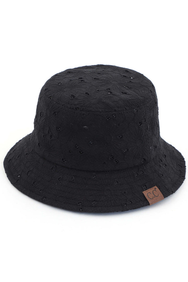 Black C.C EMBROIDERED FLORAL COTTON EYELET HAT is made of high-quality cotton and features beautiful embroidered floral details. Perfect for adding a touch of elegance and style to any outfit. The lightweight and breathable fabric provide comfort and protection from the sun.