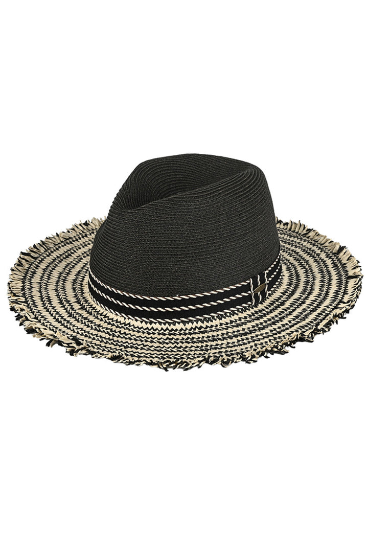 Black C.C Frayed Edge Panama Sun Hat is a must-have accessory for any sunny day. Made with high-quality materials, this hat offers excellent sun protection while adding a touch of style to your outfit. Its frayed edge design provides a modern and chic look. Stay cool, protected, and fashionable with this Panama Sun Hat.