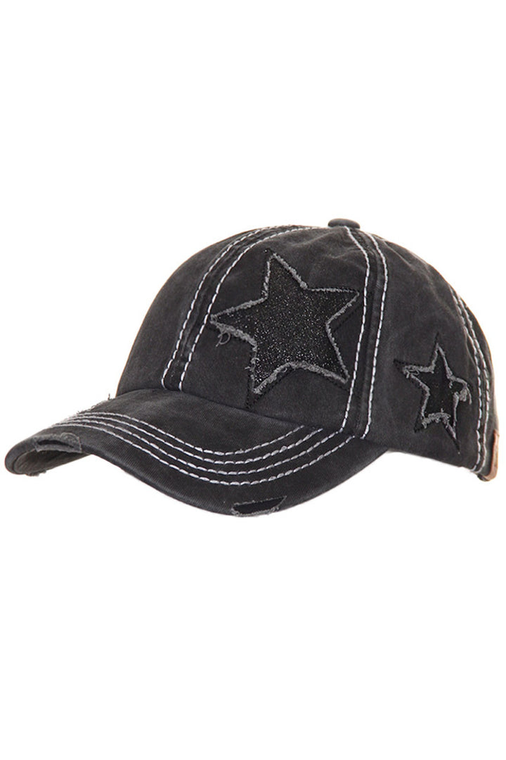 Black C.C GLITTER STAR BASEBALL PONYCAP is a stylish and functional accessory. Made with high-quality materials, it adds a touch of glitz to your wardrobe. The baseball-style provides sun protection, while the ponytail opening adds convenience. Upgrade your hat collection with this must-have piece.