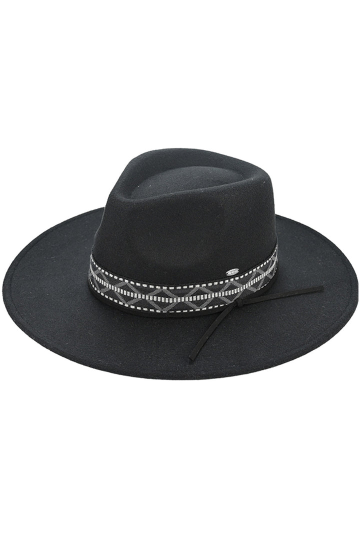 Black C.C. Vegan Felt Panama Hat is designed with a stylish geometric trim band that adds a modern touch to any outfit. Made with high-quality vegan felt, this hat is both sustainable and fashionable. Perfect for adding a chic touch to your wardrobe.