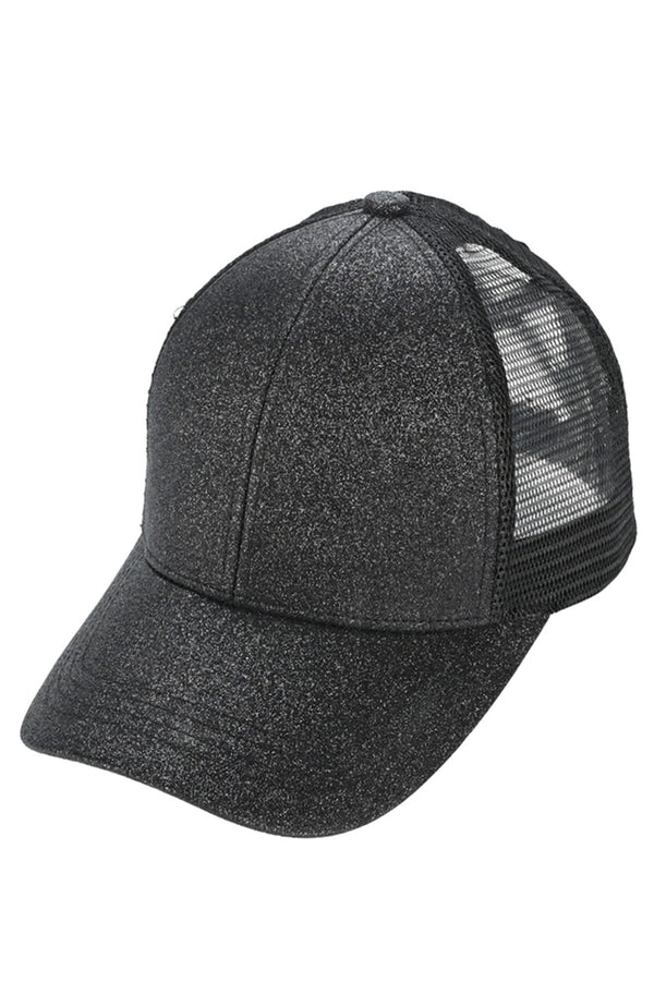 Black C.C Glitter Mesh Back Criss-Cross Ponytail Cap features a glitter mesh back and criss-cross design, perfect for adding a touch of sparkle to any outfit. Its unique design allows for comfortable and secure wear while keeping your ponytail in place. A must-have accessory for any fashion-forward individual.