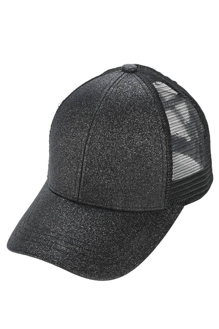 Black C.C Glitter Mesh Back Criss-Cross Ponytail Cap features a glitter mesh back and criss-cross design, perfect for adding a touch of sparkle to any outfit. Its unique design allows for comfortable and secure wear while keeping your ponytail in place. A must-have accessory for any fashion-forward individual.