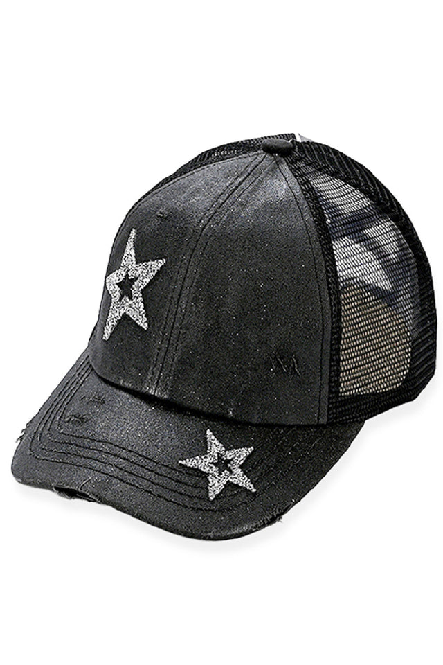 Black C.C Hand Spray Glitter Star Trucker Hat Pony Cap adds a touch of sparkle to any outfit. With its hand-sprayed glitter design and star embellishments, this hat is sure to catch the eye. Not only stylish, but it also provides protection from the sun with its trucker-style design. Perfect for adding some fun and flair to any look.
