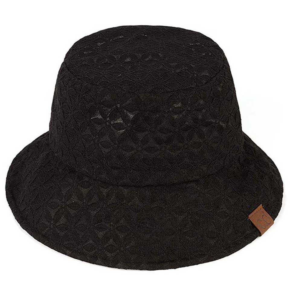 Black C.C Lace Pattern Bucket Hat, keep your styles on even when you are relaxing at the pool or playing at the beach. Large, comfortable, and perfect for keeping the sun off of your face, neck, and shoulders. Perfect summer, beach accessory. Ideal for travelers who are on vacation or just spending some time in the great outdoors. 