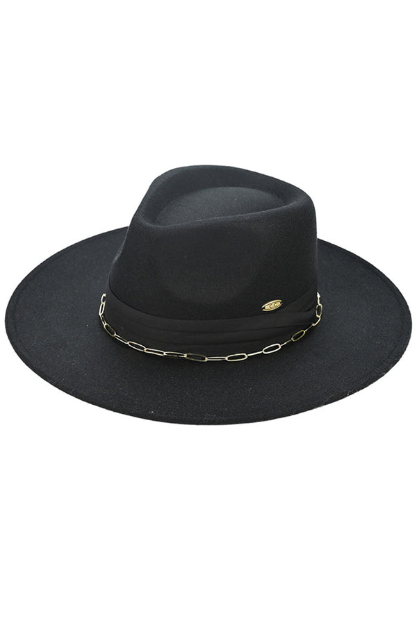 Black C.C Link Chain & Pleated Wide Band Vegan Felt Hat is expertly crafted with a unique link chain design and a pleated wide band. Made with vegan felt, it offers a sophisticated and eco-friendly alternative to traditional hats. Elevate your style with this fashionable and sustainable accessory.