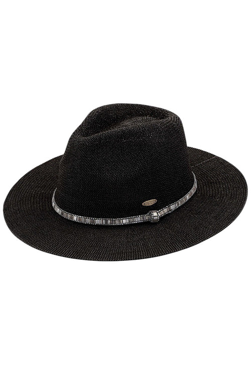 C.C Women's Multi Thread Rhinestone Trim Band Panama Hat - Black
