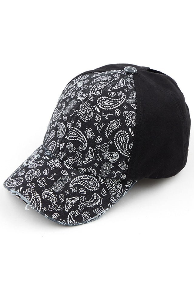 Black C.C Paisley Ponytail Baseball Cap is the perfect blend of style and functionality. Its unique design allows for a ponytail to be pulled through, keeping hair in place while also providing sun protection. Made with high-quality materials, this cap is a must-have for any fashion-forward and active individual.