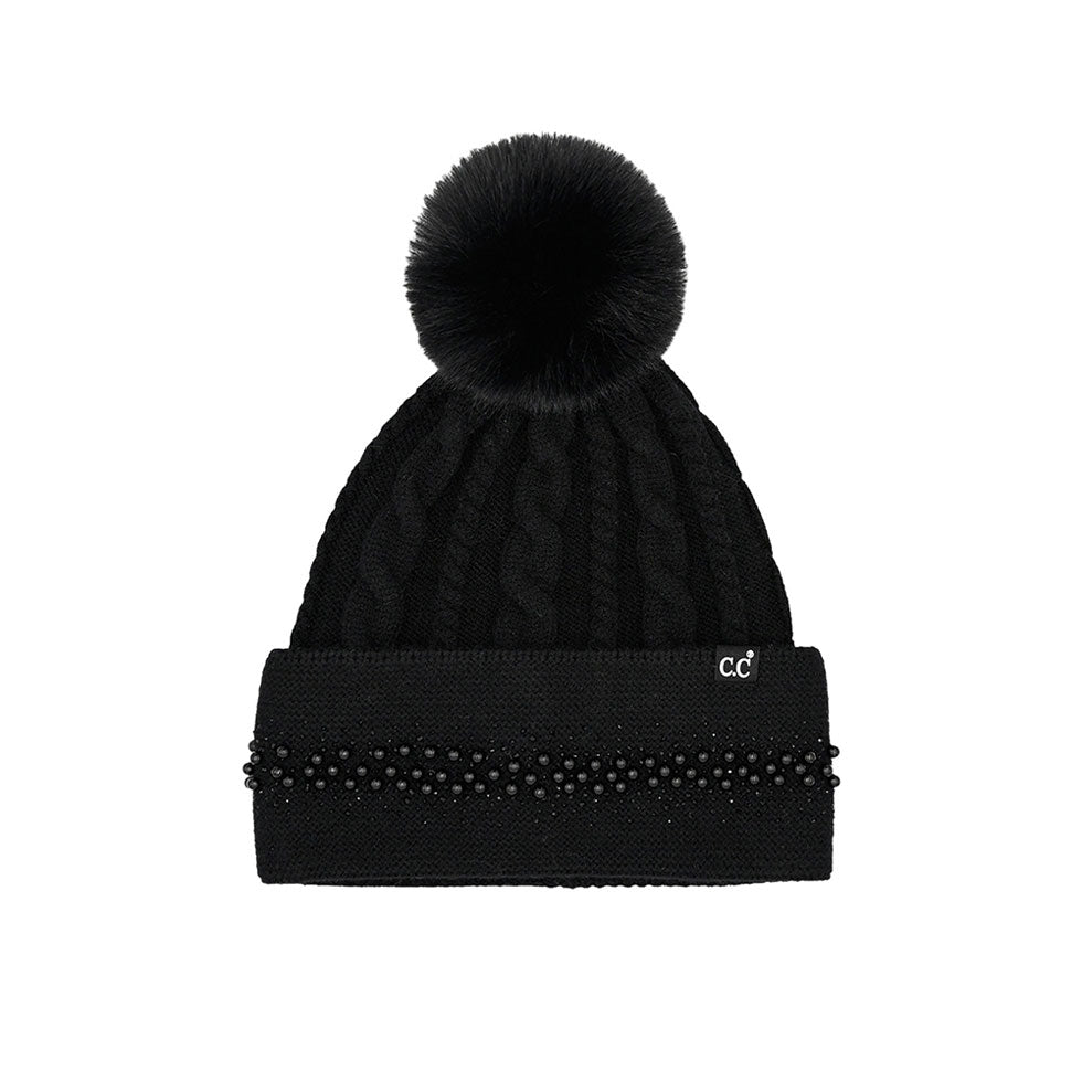 Black C.C Pearl Rhinestone Embellishment Beanie with Fur Pom, this classic C.C beanie is made from a thick and soft fabric, featuring a glamorous pearl and rhinestone embellishment detail. Awesome winter gift accessory for Birthday, Christmas, Stocking Stuffer, Secret Santa, Holiday, Anniversary, family, and loved ones.