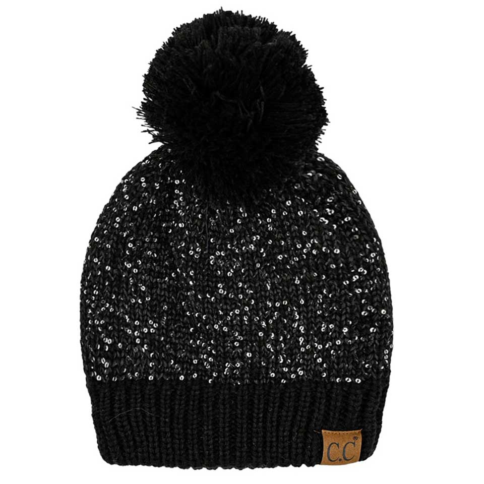 Black C.C Sequin Cuff Pom Pom Beanie Hat, Stay warm and stylish even during the coldest days with this. This hat is made with durable materials for long-lasting comfort and features a cozy and fashionable pom pom on the top. The added sequin cuff adds a glamorous touch to the classic beanie style. Perfect winter gift idea.
