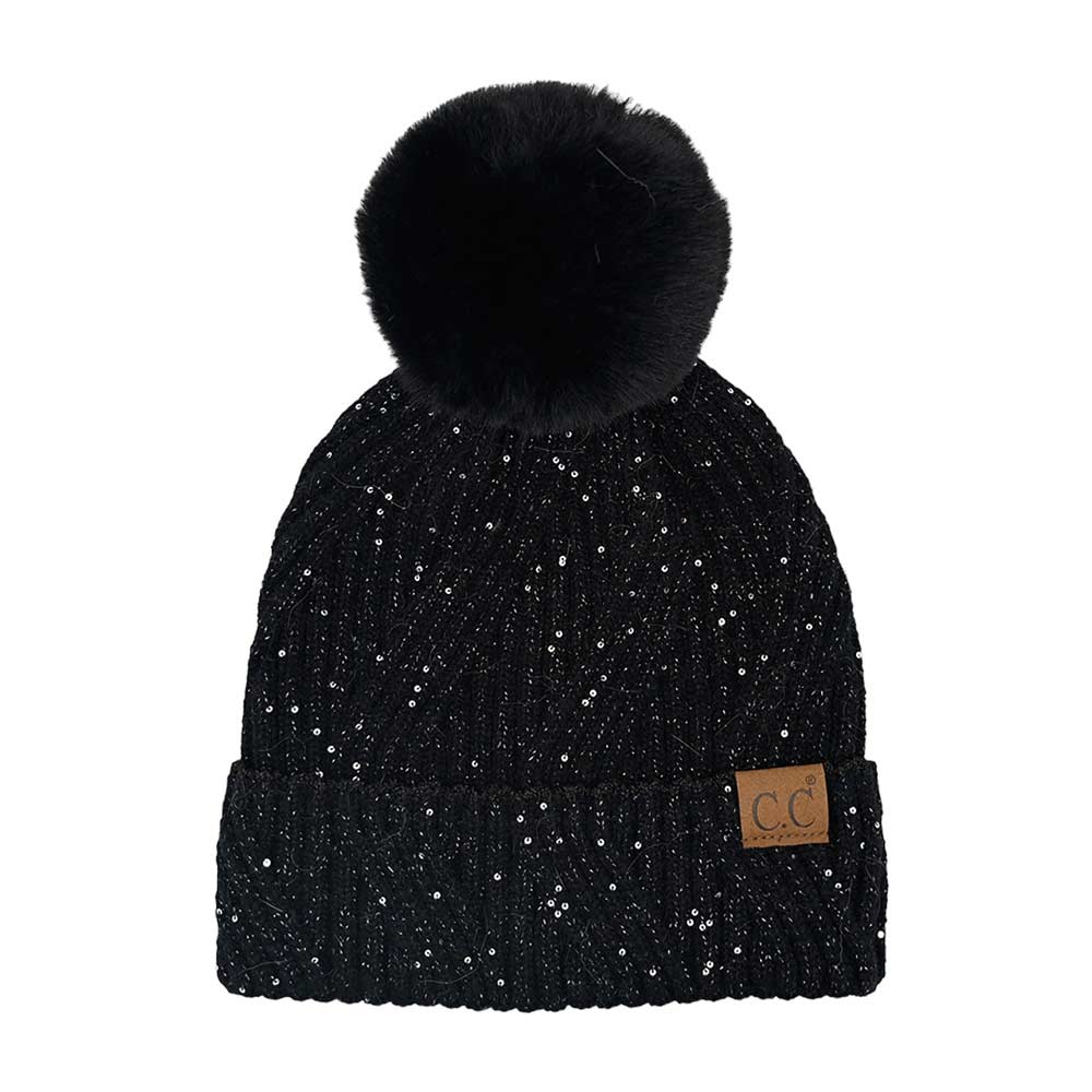 Black C.C Sequin with Pom Beanie Hat, stay cozy and stylish this winter with our unique beanie hat. Crafted from a soft and comfortable material. It's the autumnal touch you need to finish your outfit in style. Awesome winter gift accessory for birthdays, Christmas, holidays, anniversaries, family, and loved ones.