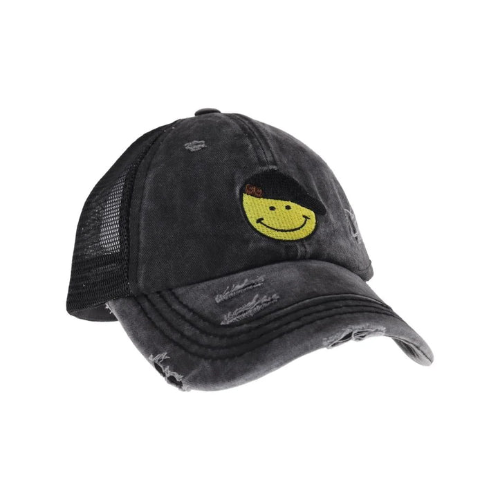 Black C.C Smiley Face Embroidered Criss Cross High Pony C.C Ball Cap combines practical design with playful style. Featuring an embroidered smiley face and a criss-cross opening at the back, this cap is tailored to comfortably fit high ponytails. Made from durable, breathable fabric, it ensures a secure fit and all-day comfort, making it an excellent choice for active lifestyles or casual wear. This cap offers a smart solution for those who want to keep their hair up without sacrificing style. 