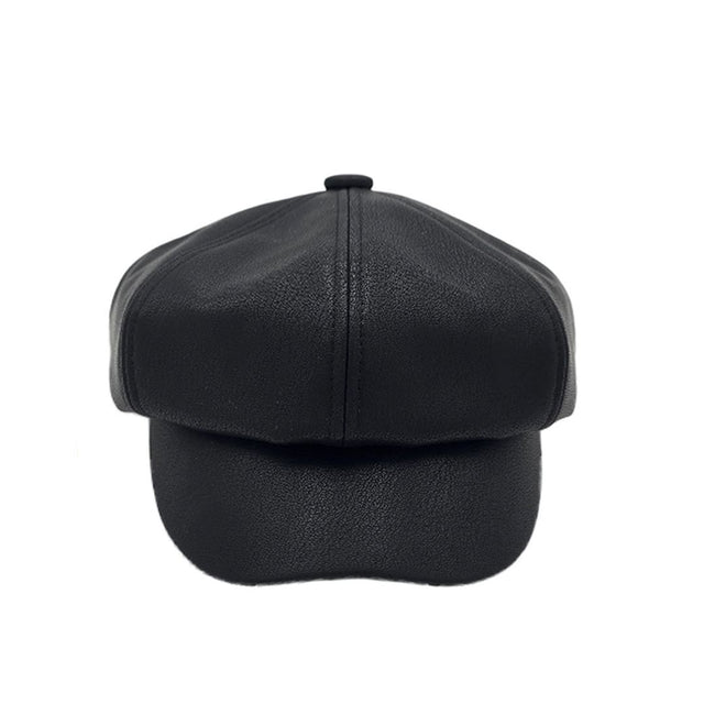 Black C.C Solid Faux Leather Newsboy Cap features a sleek, solid design crafted from high-quality faux leather for a stylish, modern look. The classic newsboy silhouette provides a comfortable fit, making it perfect for everyday wear or dressy occasions.