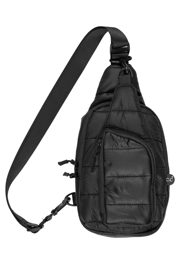 Black C.C Solid Puffer Padding Sling Bag provides lightweight and convenient storage for everyday essentials. Its durable puffer padding and versatile sling design offer protection and comfort for on-the-go activities. Stay organized and stylish with this functional and reliable bag.