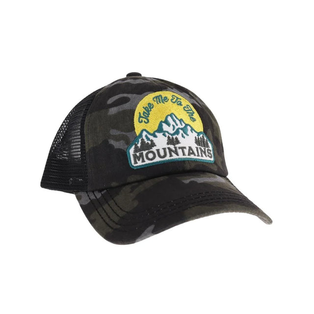 Black Camo C.C TAKE ME TO THE MOUNTAINS PATCH PONY CAP is the perfect accessory for any outdoor adventure. With its durable design and stylish mountain patch, this cap will keep you protected from the sun while showing off your love for the great outdoors. Stay comfortable and on-trend all day long.