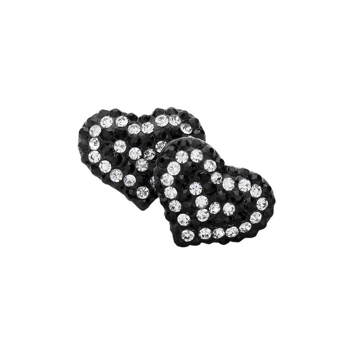 Black-Clear-Jet-Black-Crystal Paved Heart Stud Earrings feature a beautiful, sparkling design that adds elegance and charm to any outfit. Made with high-quality crystals, these earrings are both stylish and durable. Elevate your look with these timeless, sophisticated earrings.