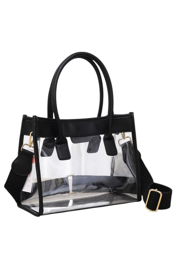 Black Color Trim Clear Hand Bag combines modern transparency with vibrant accents, offering a stylish yet practical accessory. Its clear design allows easy visibility of contents, while the colorful trim adds a fashionable touch. Lightweight and spacious, it’s ideal for daily use or events requiring quick access to essentials without sacrificing style. Durable materials ensure long-lasting wear, making it a smart choice for those who value both function and trend. 