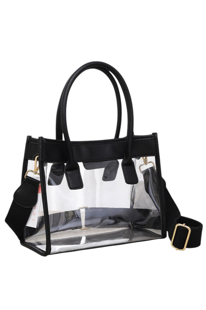 Black Color Trim Clear Hand Bag combines modern transparency with vibrant accents, offering a stylish yet practical accessory. Its clear design allows easy visibility of contents, while the colorful trim adds a fashionable touch. Lightweight and spacious, it’s ideal for daily use or events requiring quick access to essentials without sacrificing style. Durable materials ensure long-lasting wear, making it a smart choice for those who value both function and trend. 