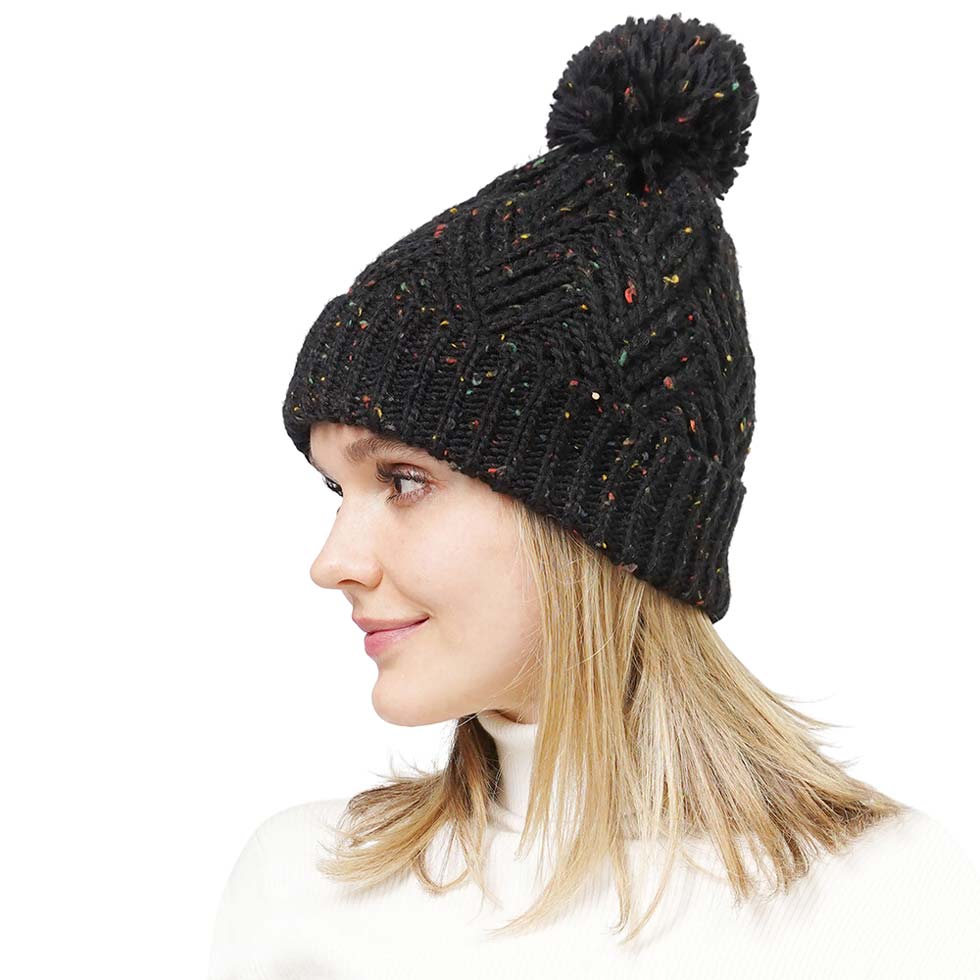 Black Confetti Knit Pom Pom Beanie Hat, wear this beautiful beanie hat with any ensemble for the perfect finish before running out the door into the cool air. An awesome winter gift accessory and the perfect gift item for Birthdays, Christmas, Stocking stuffers, Secret Santa, holidays, anniversaries, Valentine's Day, etc.