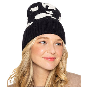 Black Cow Patterned Ribbed Knit Cuff Beanie Hat, before running out the door reach for this toasty beanie to keep you incredibly warm. Fun accessory, it's the autumnal touch to finish your ensemble. Birthday Gift, Christmas Gift, Anniversary Gift, Regalo Navidad, Regalo Cumpleanos, Regalo Dia del Amor, Valentine's Day Gift