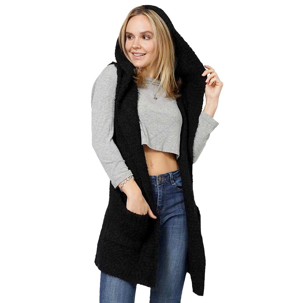 Black Cozy Knit Hooded Vest, delicate, warm, on-trend & fabulous, a luxe addition to any cold-weather ensemble. This hooded vest with a Maggie sleeve is the perfect accessory featuring the oh-so-trendy soft chic garment, which keeps you warm, and a toasty, sleeveless vest. Perfect Gift for wife, mom, birthday, holiday, etc.