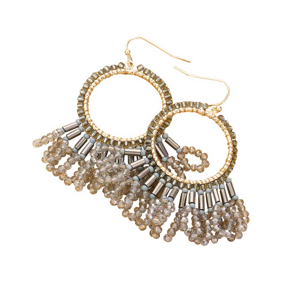Black Diamond Seed Beaded Fringe Metallic Tiered Circle Dangle Earrings, Inject some drama into your look with these stunning pieces. Crafted with layers of tiny seed beads and metallic circles, these beautiful earrings provide a unique and eye-catching addition to any outfit. A perfect accessory for any occasion.