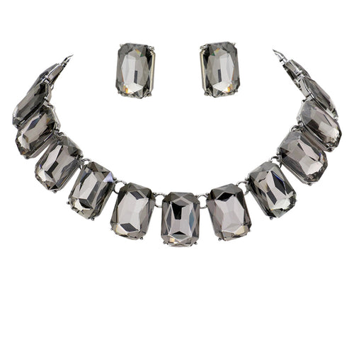 Emerald Cut Stone Link Evening Necklace Earring Set - BlackDiamond