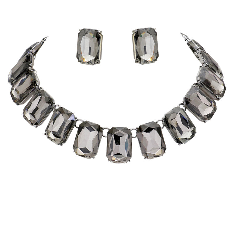 Black Diamond Emerald Cut Stone Link Evening Necklace Earring Set, This gorgeous jewelry set will show your class on any special occasion. The elegance of these stones goes unmatched, great for wearing at a party! stunning jewelry set will sparkle all night long making you shine like a diamond on special occasions.