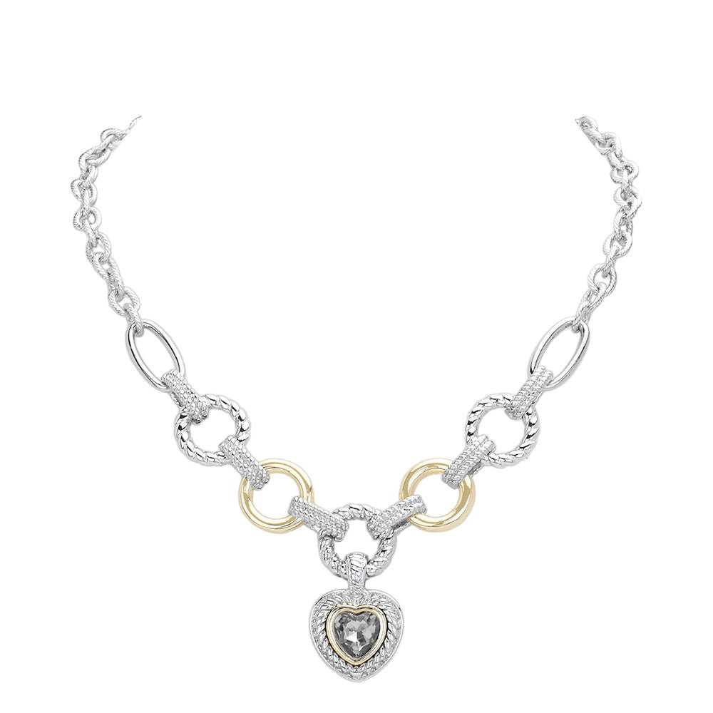 Black Diamond Heart Stone Pointed Charm Two Tone Textured Metal Link Toggle Necklace, This elegant necklace features a unique two tone design and textured metal links. The toggle closure adds a touch of modernity to the classic charm, making it a versatile accessory for any occasion. A perfect jewelry gift accessory for loved one.