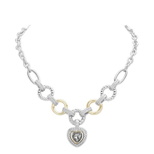 Black Diamond Heart Stone Pointed Charm Two Tone Textured Metal Link Toggle Necklace, This elegant necklace features a unique two tone design and textured metal links. The toggle closure adds a touch of modernity to the classic charm, making it a versatile accessory for any occasion. A perfect jewelry gift accessory for loved one.