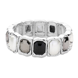 Black Diamond Silver Emerald Cut Stone Pearl Stretch Evening Bracelet, Be the envy of everyone with this. Crafted with a luxurious emerald cut stone and pearls, this bracelet is the perfect accessory for any special occasion or gift and is sure to make an elegant statement. Give your wardrobe a timeless glamour with this beautiful bracelet