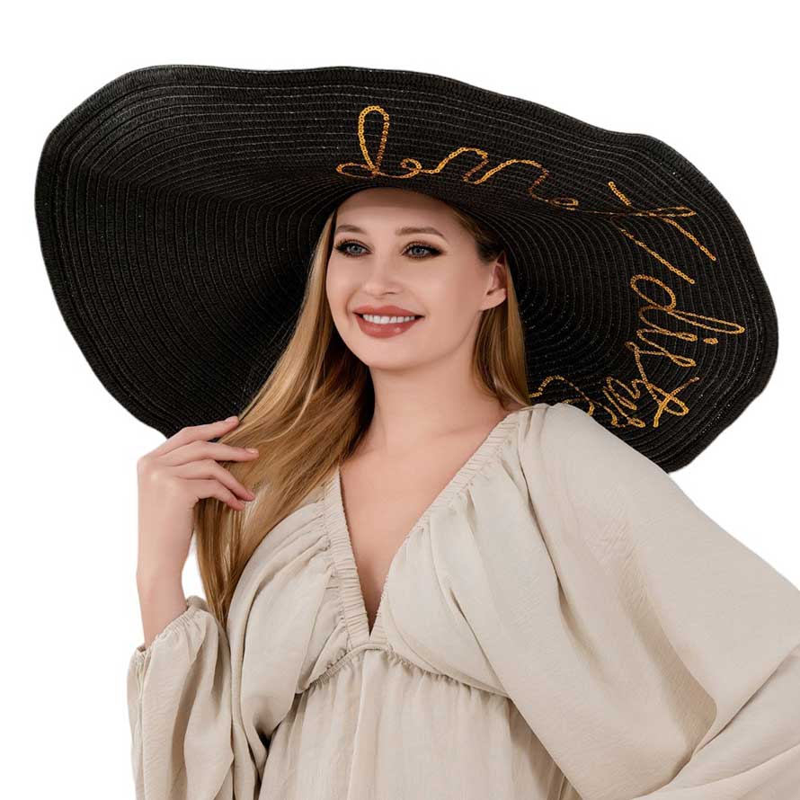 Black Do Not Disturb Message Wide Brim Straw Sun Hat, Don't let anyone interrupt your sunny day vibes with this hat. With its wide brim and sturdy straw material, it's perfect for keeping you cool and protected from the sun. Plus, the playful message adds a touch of whimsy to your look. No interruptions allowed!