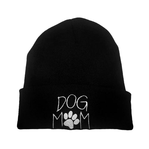 Dog Mom Message Paw Pointed Solid Knit Beanie Hat - Black