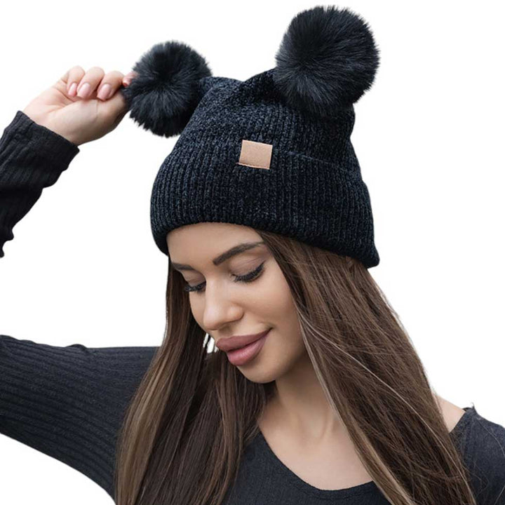 Black-Pom Pom Pointed Beanie Hat, Crafted with a double pom pom design and a pointed top, this hat adds a touch of fun to your winter wardrobe. Made with high-quality materials, it will keep you cozy and comfortable in cold weather.