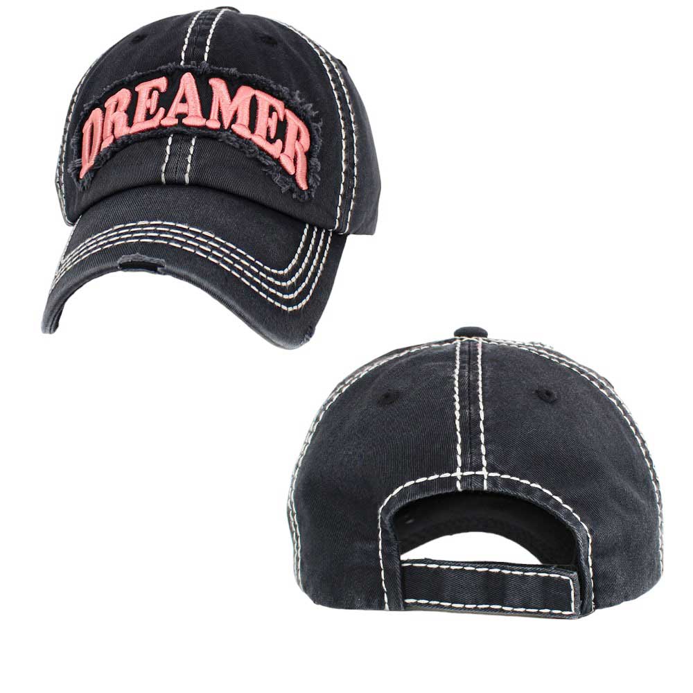 Black Dreamer Message Vintage Baseball Cap, is crafted from durable cotton twill. It features an adjustable strap with an antique brass buckle for a snug fit and a unique vintage look. The bold printed message displays the wearer's commitment to their dream. Get the perfect fit and stylish look with this one-of-a-kind cap.