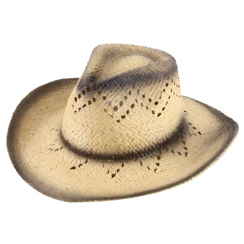 Black Edge Gradation Pointed Open Weave Panama Cowboy Straw Hat, Expertly crafted with a pointed open weave design, this Panama cowboy straw hat offers superior ventilation and breathability. Made with the finest materials, it provides both style and function, making it the perfect accessory for any outdoor adventure. 