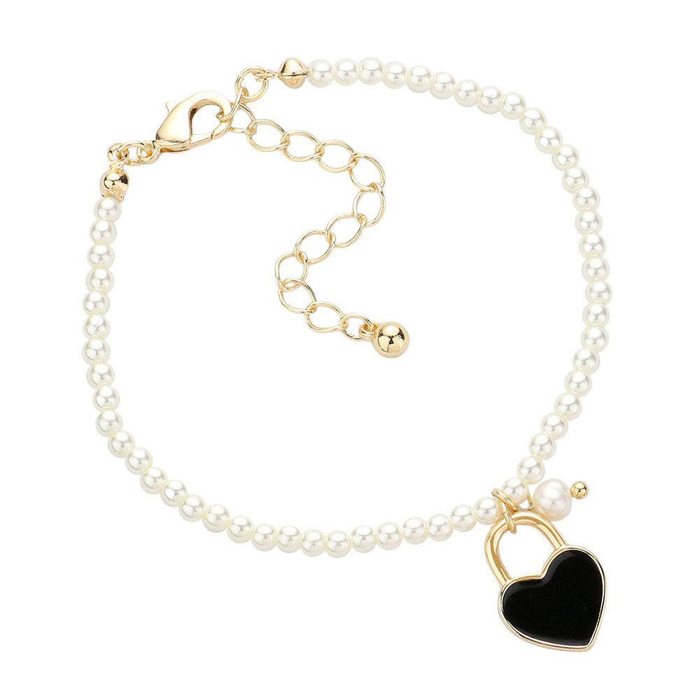 Black Enamel Heart Charm Pendant Pearl Bracelet, is a stunning accessory that adds a touch of elegance to any outfit. The enamel heart charm brings a playful yet sophisticated element, while the pearl bracelet exudes timeless beauty. Perfect for any occasion, this bracelet is a must-have for those seeking a stylish look.