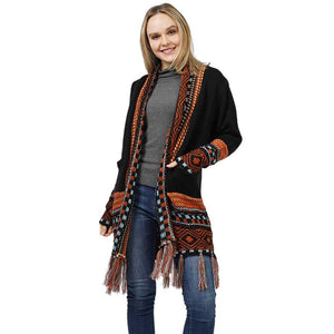 Black Ethnic Patterned Front Pocket Sweater Cardigan, is the perfect accessory for keeping you comfortable and classy everywhere. It keeps you warm and toasty on winter and cold days. You can wear it on any casual outfit! Perfect Gift for Wife, Mom, Birthday, Holiday, Christmas, Anniversary, Fun Night Out. Happy Winter!