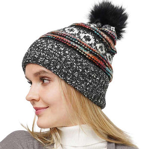 Black Ethnic Patterned Knit Pom Pom Beanie Hat, wear this beautiful beanie hat with any ensemble for the perfect finish before running out the door into the cool air. An awesome winter gift accessory and the perfect gift item for Birthdays, Christmas, Stocking stuffers, Secret Santa, holidays, Valentine's Day, etc.