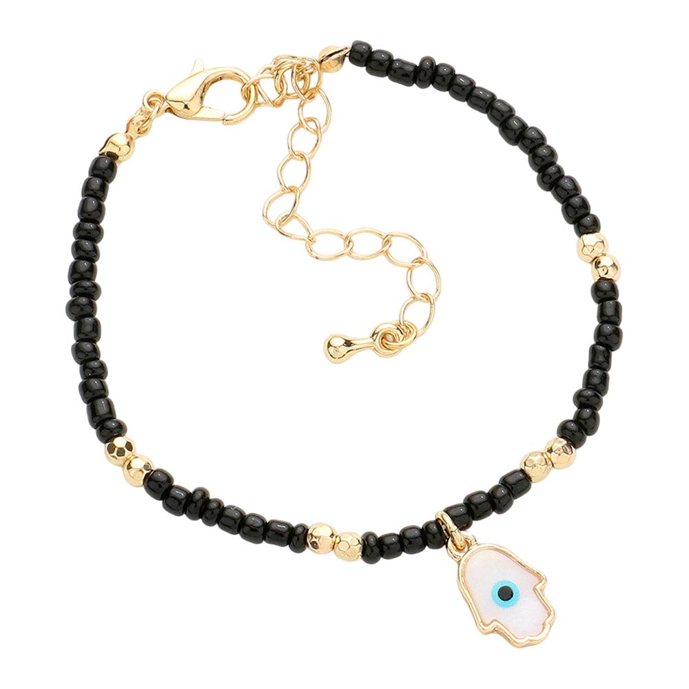 Black Evil Eye Centered Hamsa Hand Charm Seed Beaded Bracelet, these evil eye-centered hamsa hand charm seed beaded bracelets are easy to put on, and take off and so comfortable for daily wear. Awesome gift for birthdays, Valentine’s Day, or any meaningful occasion.