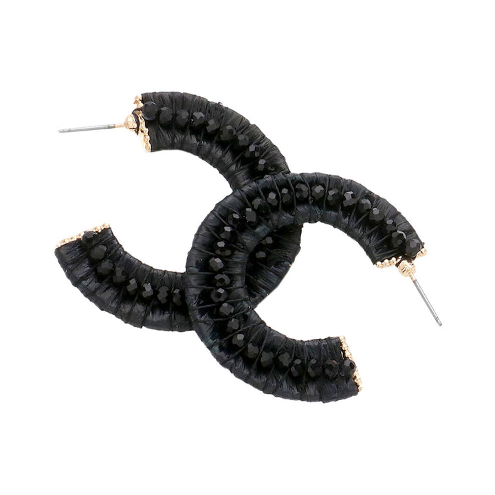 Black Faceted Bead Embellished Raffia Wrapped Hoop Earrings, turn your ears into a chic fashion statement with these raffia-wrapped hoop earrings! The beautifully crafted design adds a gorgeous glow to any outfit. Put on a pop of color to complete your ensemble in perfect style. Complete your look with these raffia hoop earrings.