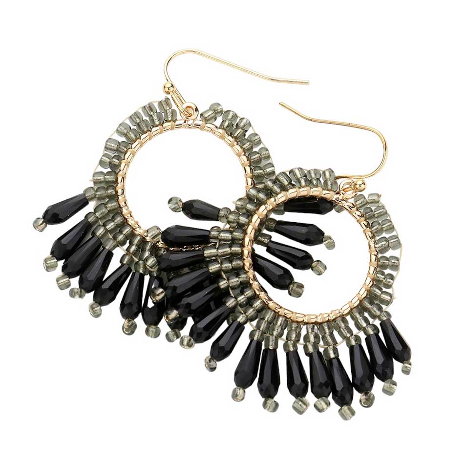 Black Faceted Beaded Dangle Earrings, will add a touch of subtle sparkle to your outfit. Crafted with a modern and eye-catching design, these earrings feature a faceted bead, a tiered circle, and a dangle pattern for a unique and stylish look. Perfect for either a special occasion or everyday wear.