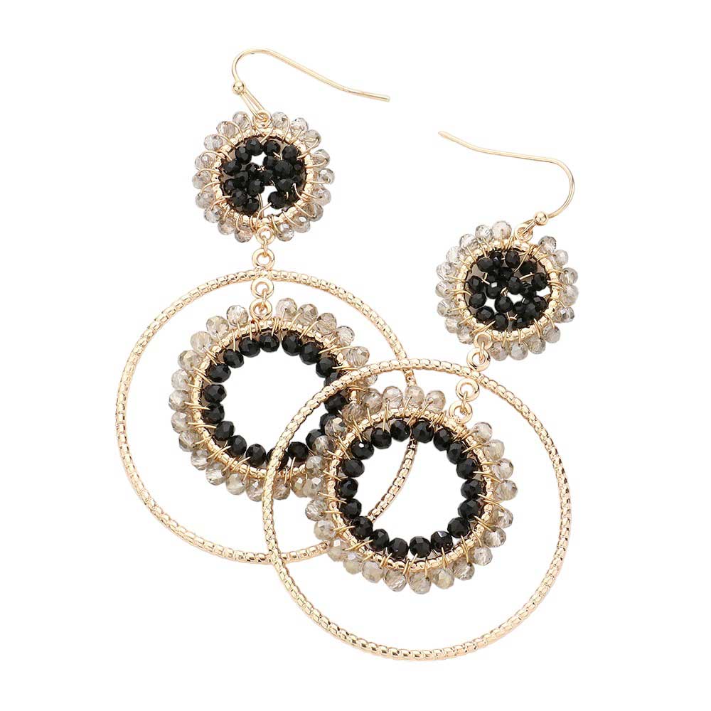 Black Faceted Beaded Metallic Tiered Circle Dangle Earrings, will add a touch of subtle sparkle to your outfit. Crafted with a modern and eye-catching design, these earrings feature a faceted bead, a tiered circle, and a dangle pattern for a unique and stylish look. Perfect for either a special occasion or everyday wear.