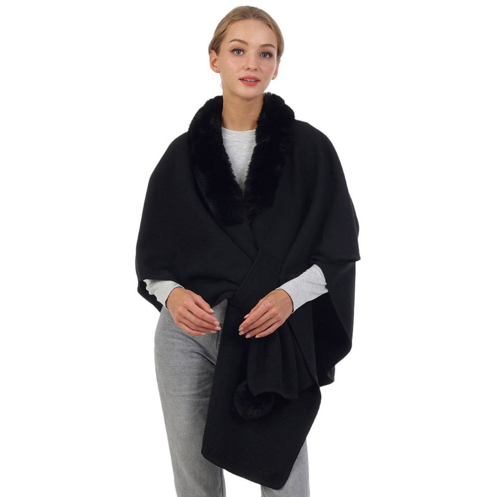 Black Faux Fur Collar Pom Pom Poncho, with the latest trend in ladies' outfit cover-up! The high-quality knit poncho is soft, comfortable, and warm but lightweight. It's perfect for your daily, casual, party, evening, vacation, and other special events outfits. A fantastic gift for your friends or family.