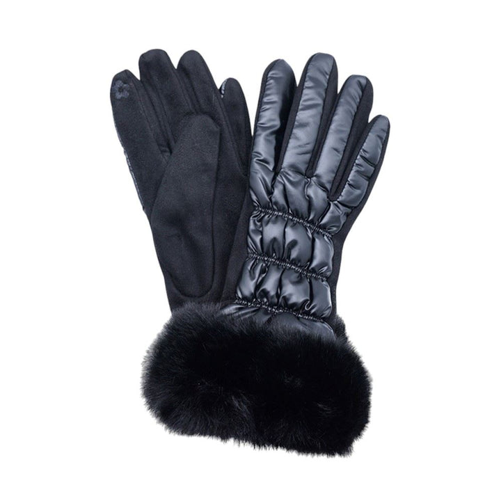 Black Faux Fur Cuff Puffer Smart Touch Gloves, Experience warmth and functionality with our stylish smart touch gloves. The soft faux fur cuffs add a touch of luxury, while the puffer padding keeps your hands toasty. Stay stylish and connected this winter. Wrap your loved ones in warmth this winter with these stylish gloves.