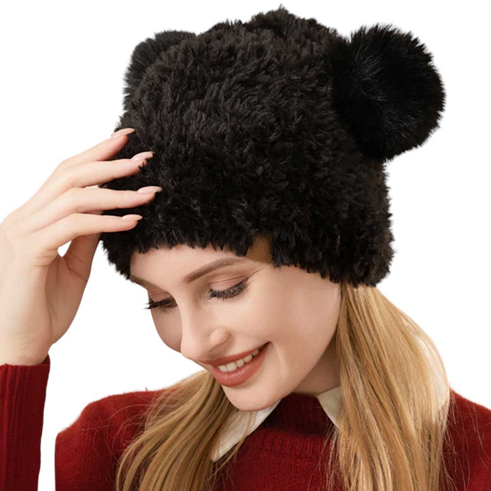 Black Faux Fur Pom Pom Ear Beanie Hat, stay warm in style with this comfy beanie hat. Crafted with high-quality faux fur, this piece offers maximum insulation and a fashionable look. This is the perfect hat for any stylish outfit or winter dress. Perfect gift for Birthdays, Christmas, holidays etc. to your friends, family.