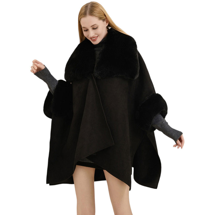 Black Faux Fur Trimmed Solid Ruana Poncho. Crafted with a faux fur-trimmed and a smooth fabric, this poncho gives you the perfect cold-weather accessory. Layer over your favorite outfits and stay warm and stylish. Give the perfect winter gift to your family members, friends, loved ones, or yourself with this stylish poncho.