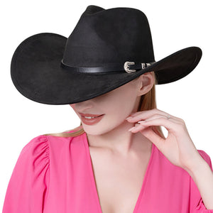 Black Faux Leather Band Solid Cowboy Fedora Panama Hat, Look great in any setting with this hat. Featuring a smooth, classic design with a solid faux leather band and a western theme, this hat provides both timeless style and versatility. It's the perfect accessory for any casual or formal look.